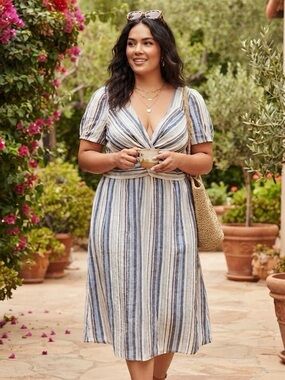 Time Square Striped Twist-Front Dress - Size 3X Nautical Coastal Breezy Light